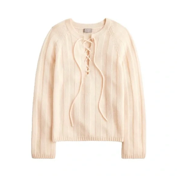 J. Crew Collection Lace Up Sweater 100% Cashmere Cream Ribbed S NWT *flaw - Picture 2 of 14